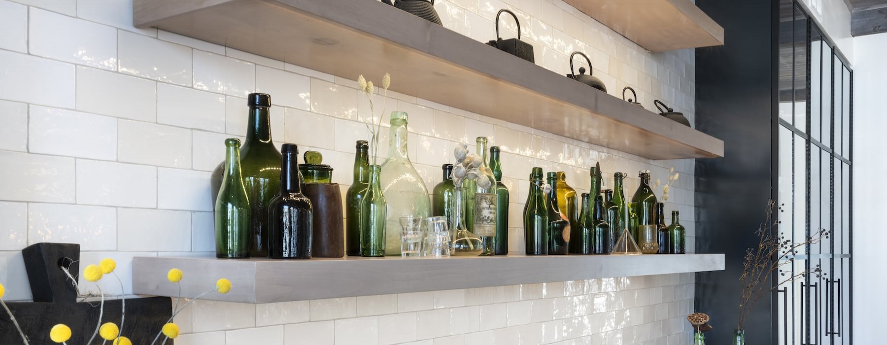 close-up of shelves in kitchen