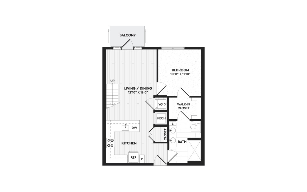 A1+L - 1 bedroom floorplan layout with 2 baths and 1121 square feet. (Floor 1)