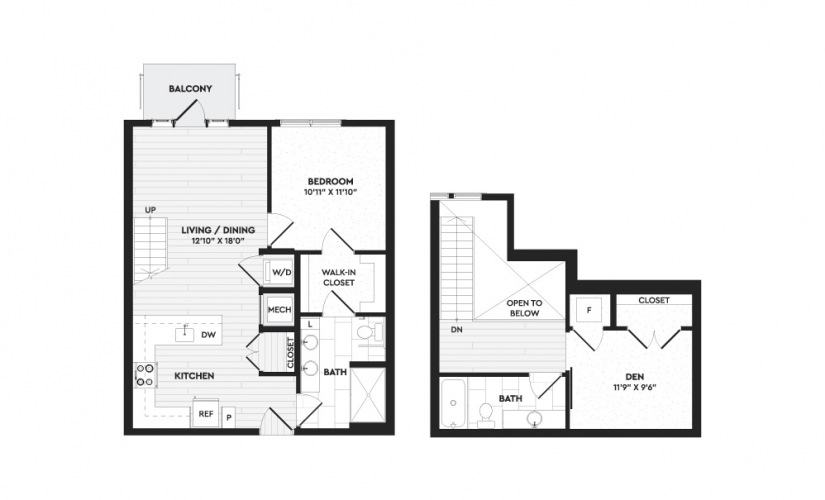 A1+L - 1 bedroom floorplan layout with 2 bathrooms and 1121 square feet
