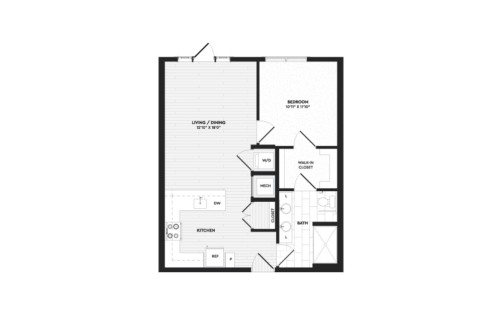 A1 - 1 bedroom floorplan layout with 1 bath and 750 square feet.
