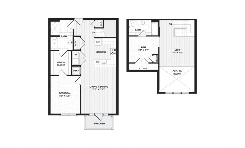 A2A+L - 1 bedroom floorplan layout with 2 bathrooms and 1298 square feet