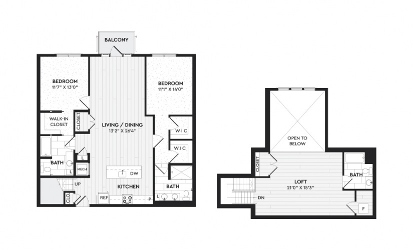B1+L - 2 bedroom floorplan layout with 3 bathrooms and 1830 square feet
