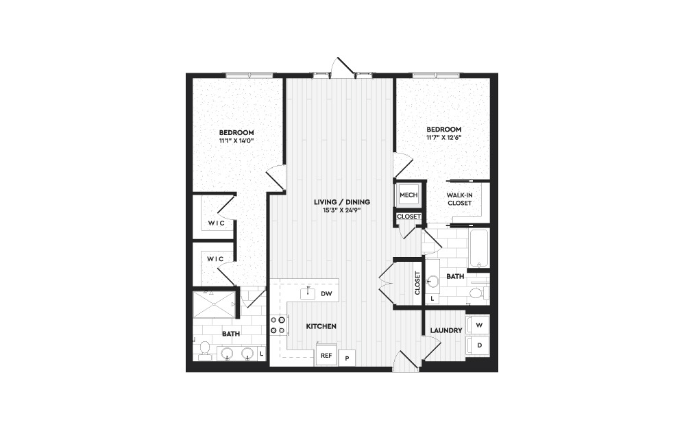 B1A - 2 bedroom floorplan layout with 2 baths and 1368 square feet.
