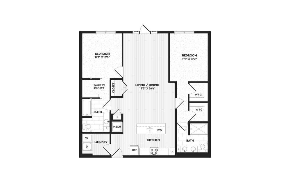 B1 - 2 bedroom floorplan layout with 2 baths and 1370 square feet.