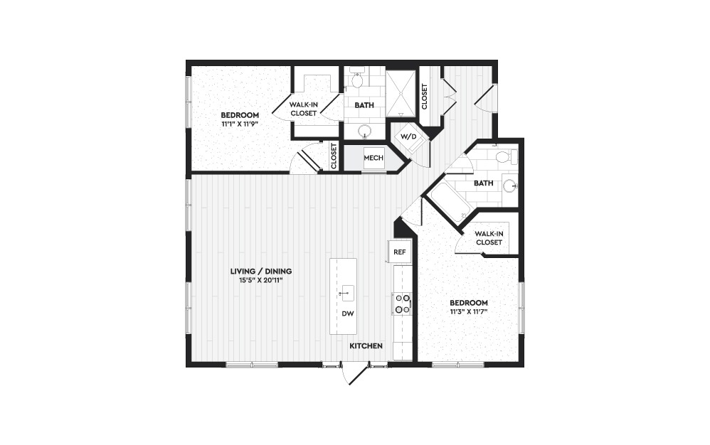 B2 - 2 bedroom floorplan layout with 2 baths and 1250 square feet. (Layout 1)