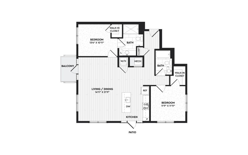 B5 - 2 bedroom floorplan layout with 2 baths and 1150 square feet.