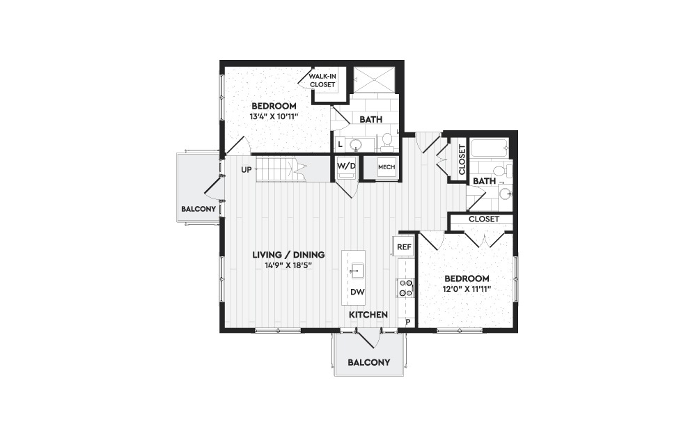 B6+L - 2 bedroom floorplan layout with 3 baths and 1523 square feet. (Floor 1)
