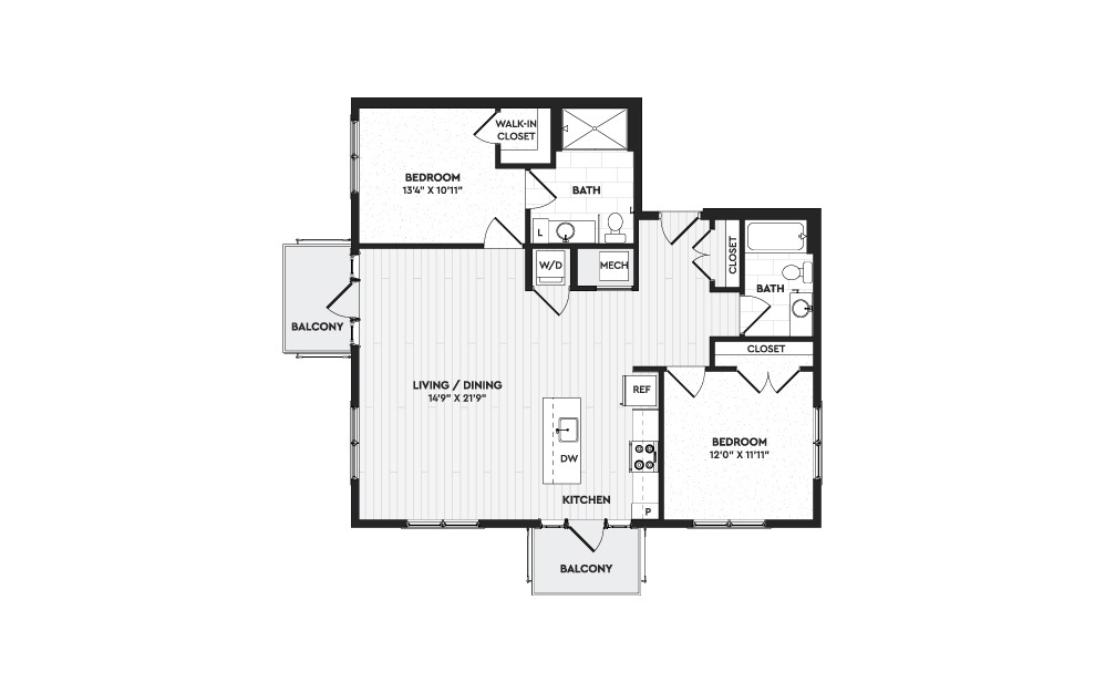 B6 - 2 bedroom floorplan layout with 2 baths and 1145 square feet.