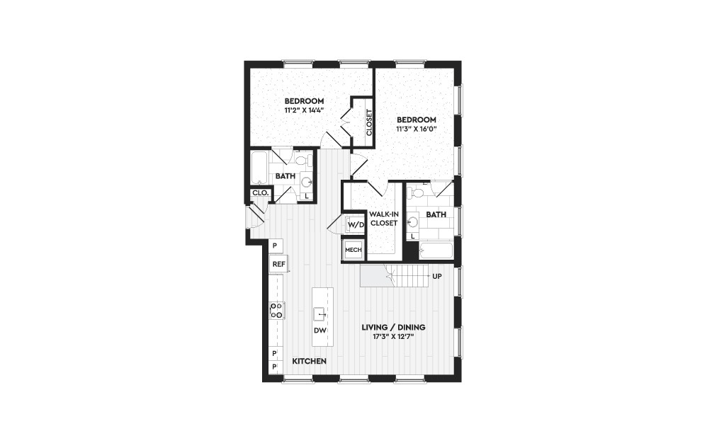 B9+L - 2 bedroom floorplan layout with 2 baths and 1660 square feet. (Floor 1)