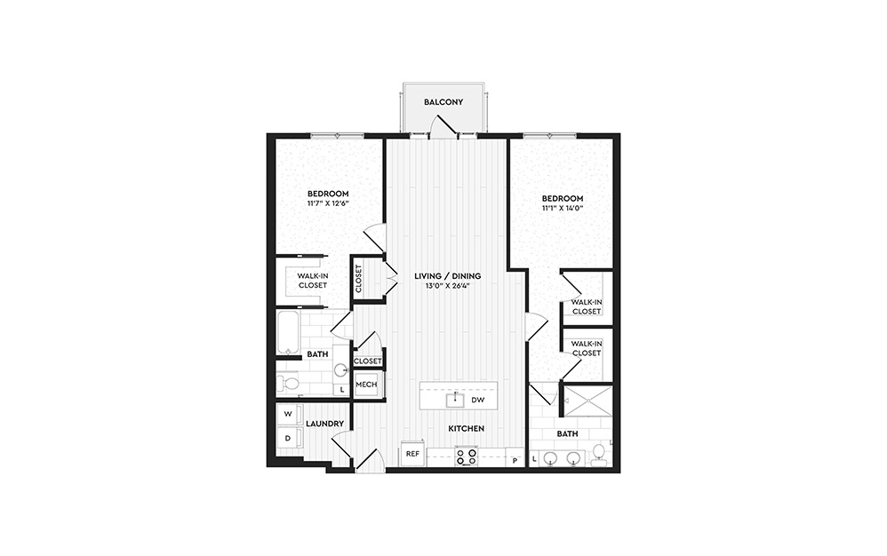 B10 - 2 bedroom floorplan layout with 2 baths and 1362 square feet.